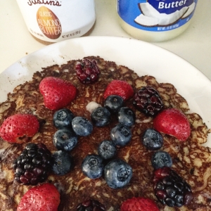 Try sneaking in protein powder, flaxseed and fruit to traditional pancakes kids love; and top it off with almond & coconut butter!